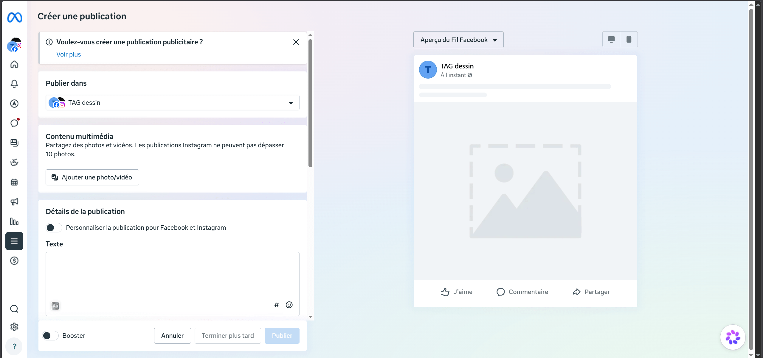 Programmation d'une publication Instagram et Facebook sur Meta Business Suite